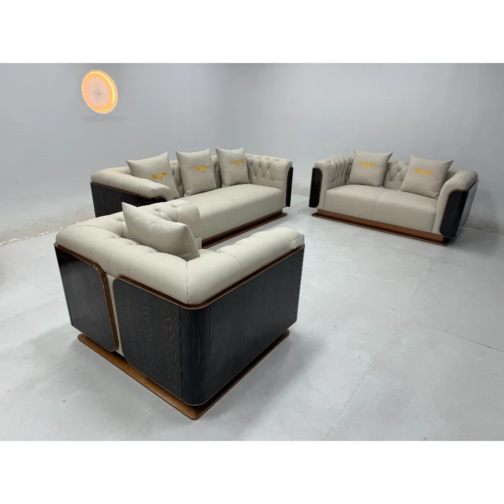 Modern Chesterfield Tufted 3-Seater Sofa with Armchair, Luxury Piano Lacquer Genuine Leather Sofa Set, Gold Stainless Steel Base