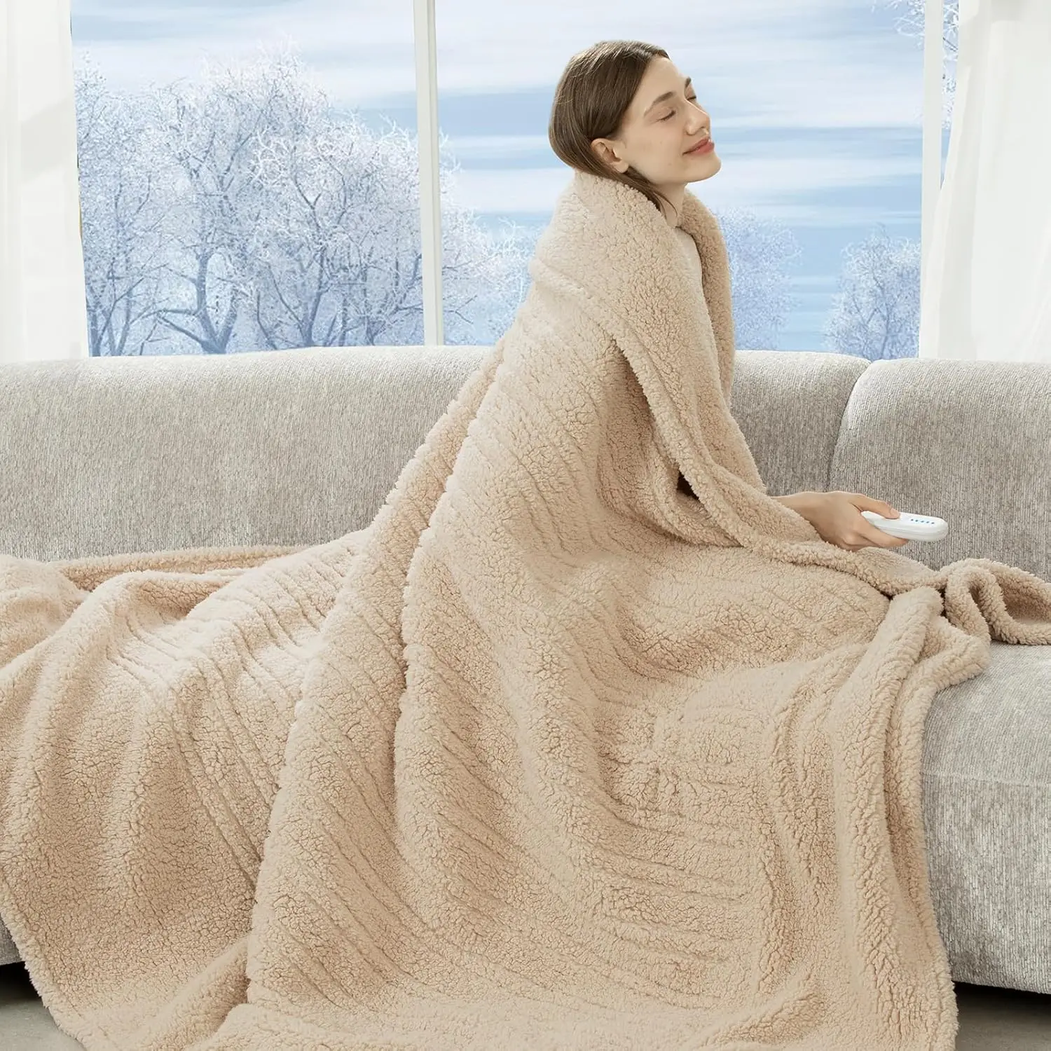 

Электрическое одеяло Twin 62 x 84 дюйма, мягкое одеяло из шерпа с подогревом, 5 режимов нагрева, автоматическое отключение 10 часов, быстрый нагрев, сертифицирован ETL, бежевый