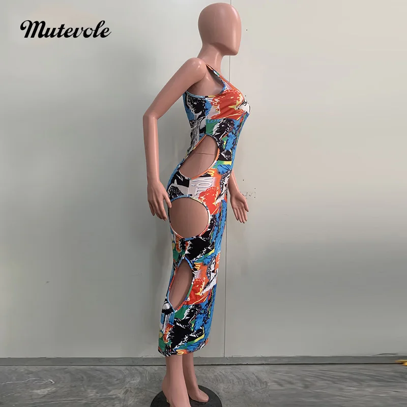 Mutevole Sommer sexy aus geschnitten ärmelloses langes Kleid Frauen Patchwork Print Loch Bodycon Sommerkleid