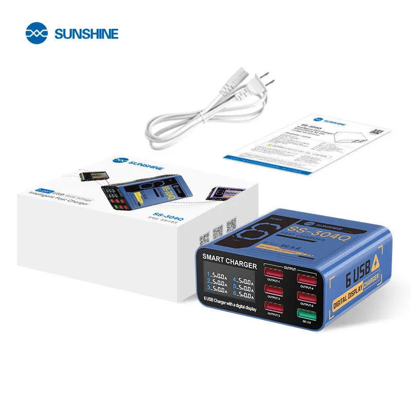 

Professional SS-304Q Multi-Port USB Fast Charger Digital Display QC3.0 Charge Worldwide Voltage Compatibility Safe Charging.