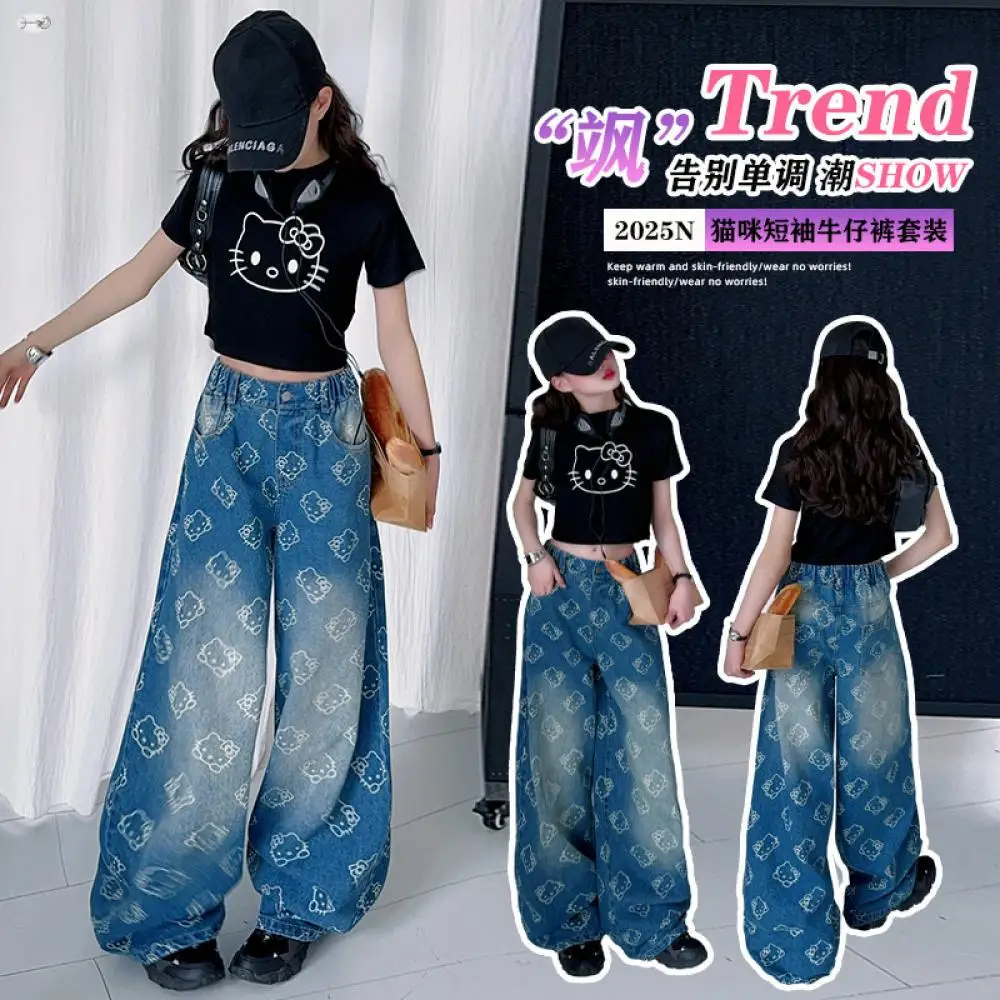 

Sanrio Hello Kitty футболка для девочек-подростков жаккардовый джинсовый комплект детские повседневные прямые брюки с короткими рукавами детские брюки длиной до пола