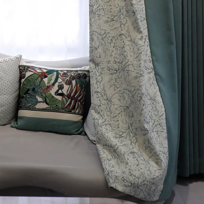 New Dark Green Printing Thickened Splicing Shading Chenille Curtains for Living Room Bedroom French Window Balcony Window