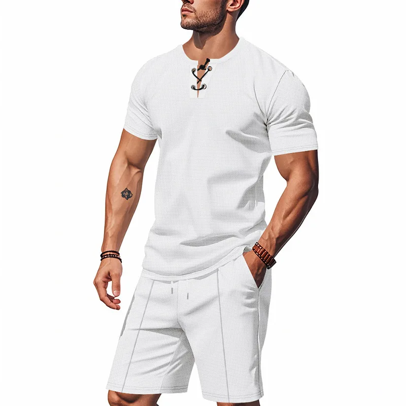 American Style Waffle Knit Two Piece Outfit Men Lace Up Henley T Shirt Drawstring Shorts Summer Casual Set - view 4