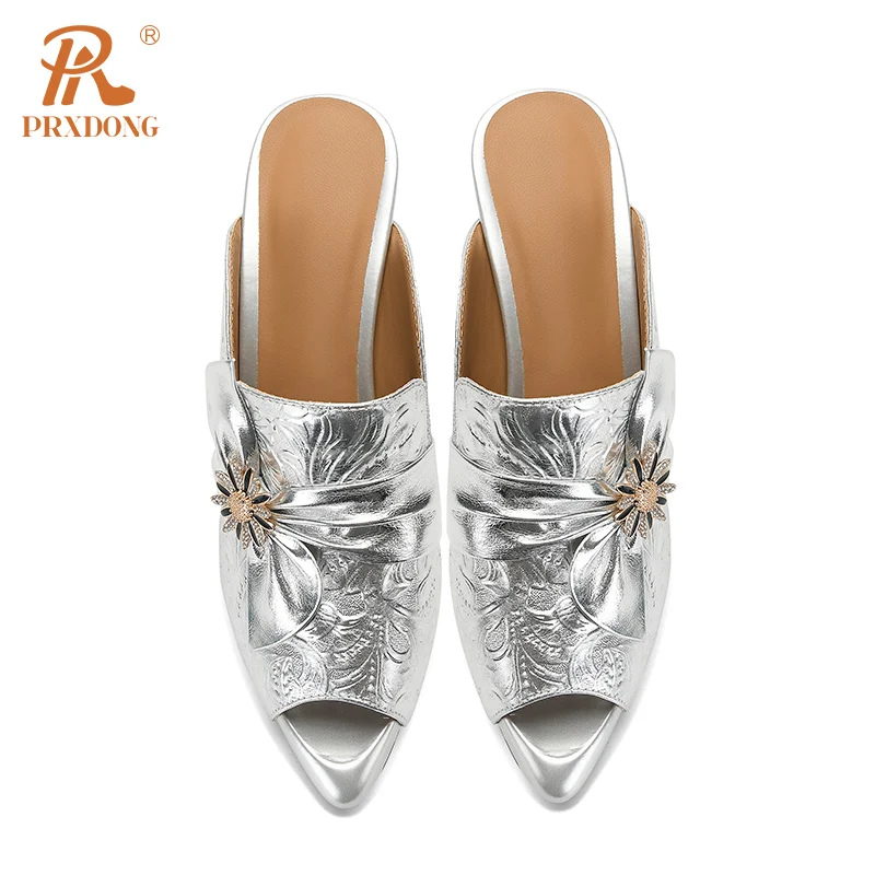 PRXDONG New Elegant Genuine Leather Summer Shoes Woman Sandals Silver High Heels Open Toe Dress Party Wedding Lady SHoes 34-40