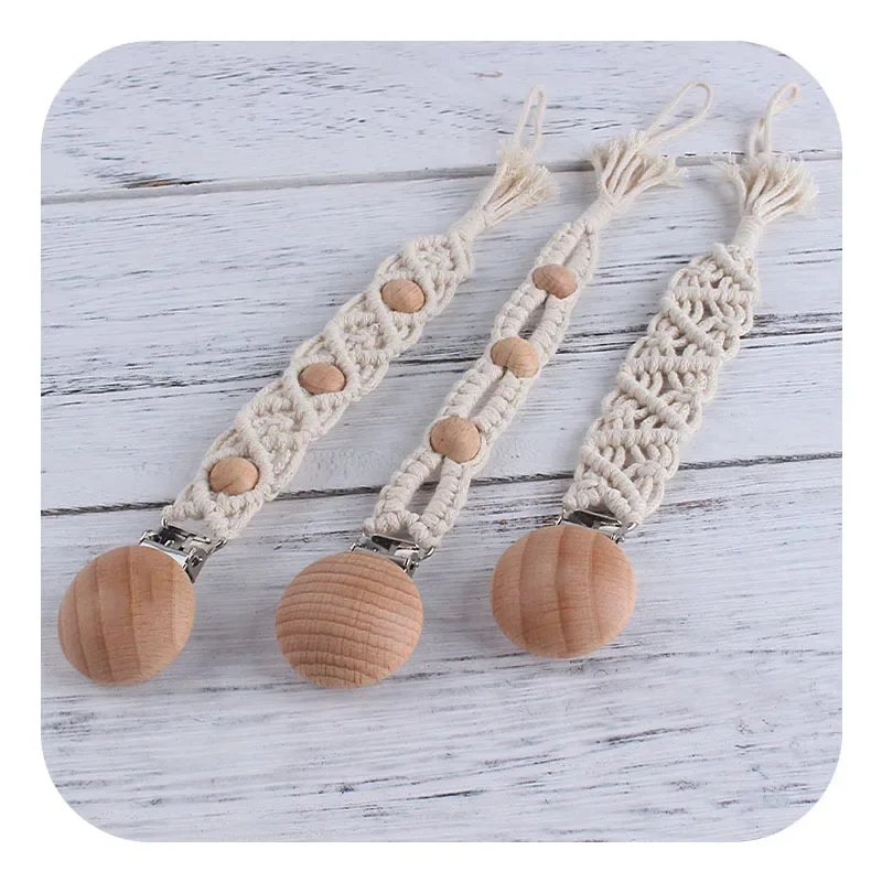 New Baby Pacifier Clip Wooden Hand-woven Cotton Rope Babies Soothe Nipple Teether Toys Anti-lost Chain Newborn Items Accessories