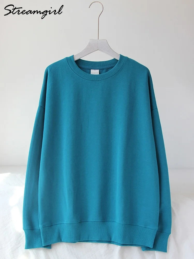 Spring Cotton Pullover Sweatshirts Oversize Women o Neck Loose Long Sleeve Top Solid Oversized Green Sweatshirt for Women 2023