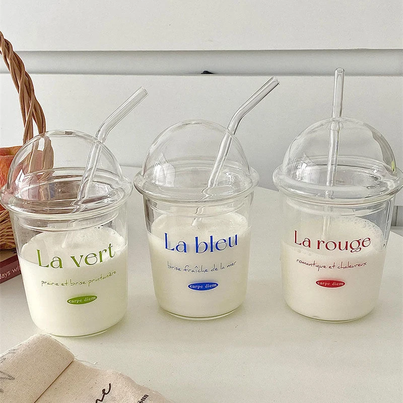 Blue French Cups with Glass Straw Large Capacity Clear Coffee Milk Water Tumbler with Glass Cover Heat-resistant Glass Bobo
