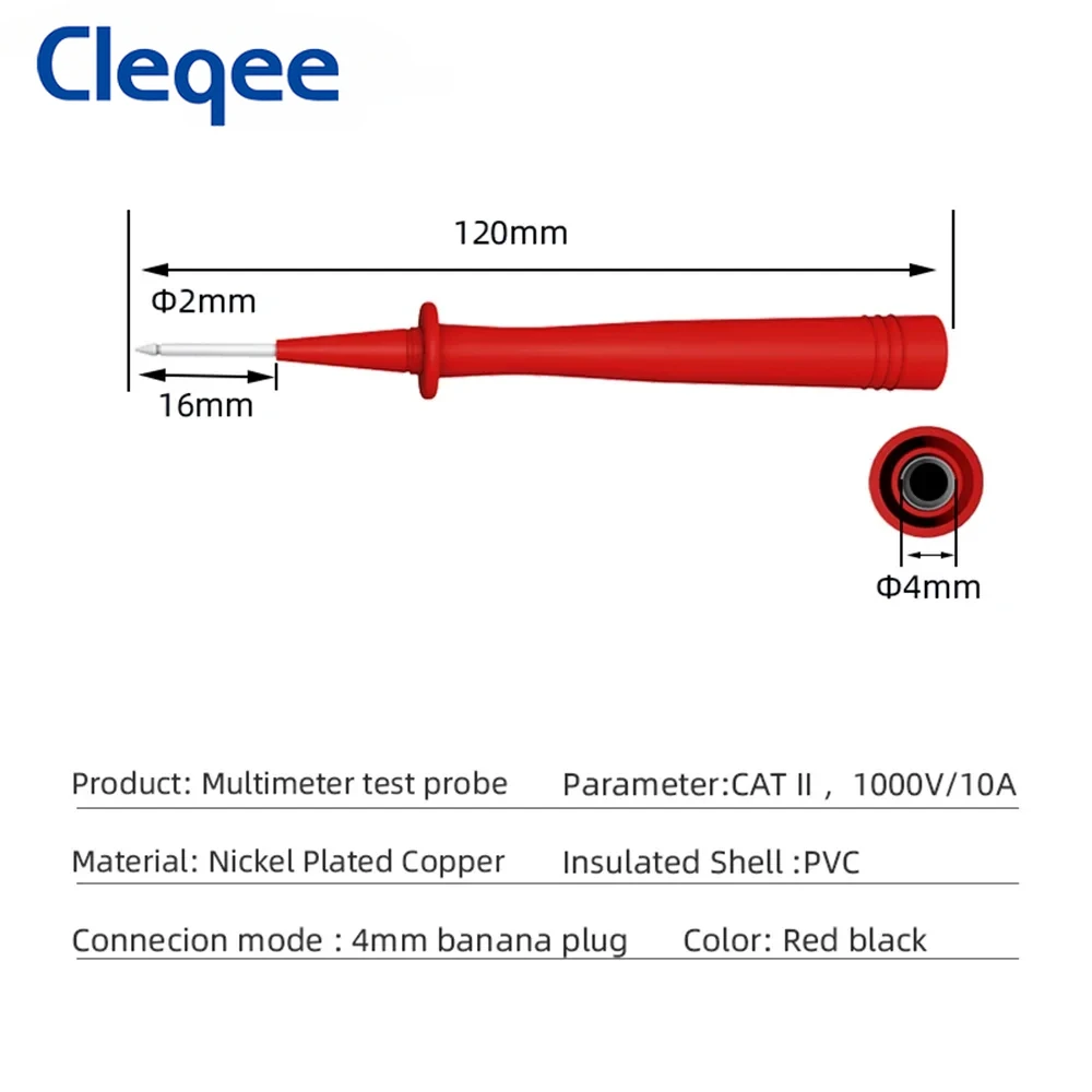 Cleqee P8004 Multimeter Test Probe Pen with 2mm Needle Nickel Plated Copper Pins to 4mm Banana Socket Red/Black