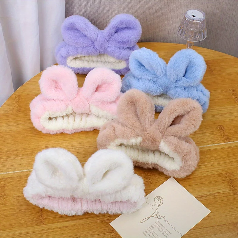 

Rabbit Fur Bow Headband Double Color Wide Knit Hair Band for Women Non-Slip Makeup Headwrap Facial Skincare Accessory