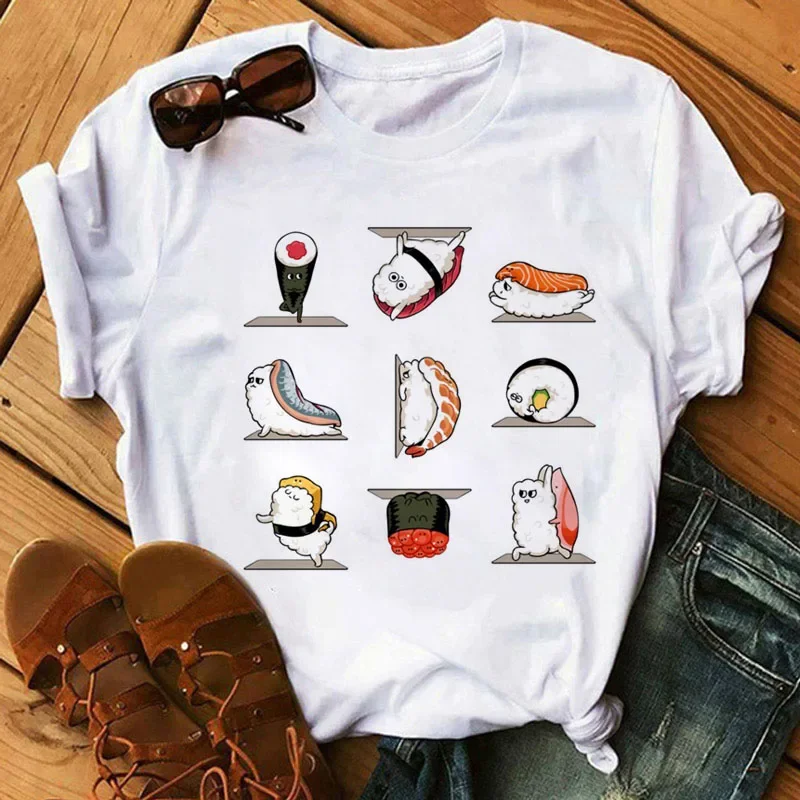 

Cute Sushi Print Women T-Shirts Summer Y2k Top Short Sleeve Tee Lady Harajuku Cartoon Graphic Tshirt Oversized Casual Clothing