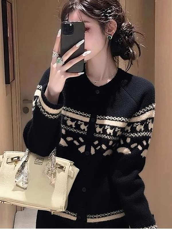 

Elegant Long Sleeve Knitted Open Cardigan Skirt Set Women's Autumn Winter Vintage Floral Two Piece Set High Waist Skirt