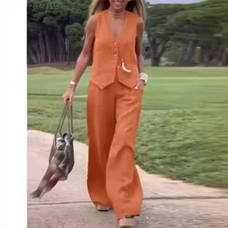 

Женский костюм: блузка, жилет, брюки из хлопково-льняной смеси – комфортный, минималистичный, модный, нишевый, универсальный, элегантный, роскошный, повседневный