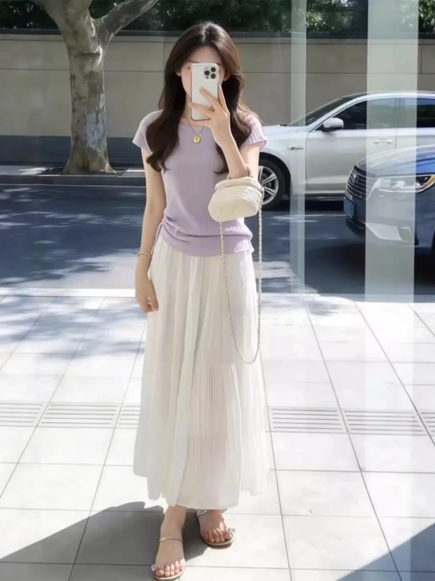 

Summer Purple Knitted Top And Mesh Skirt Set Women's plus Size Fashionable Korean Style Half-length Skirt Ensemble
