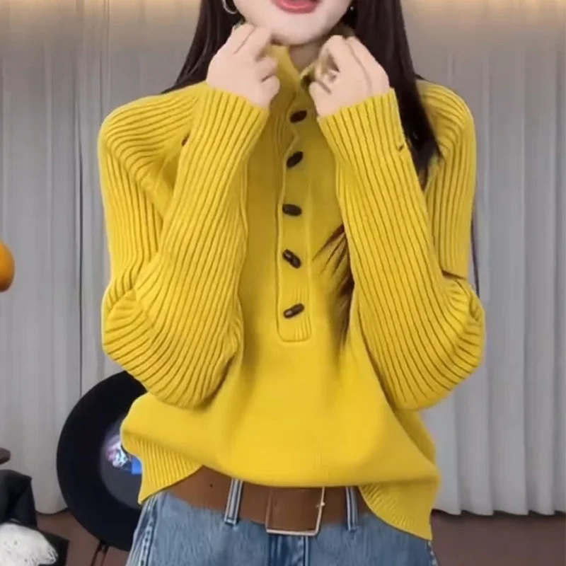 Korean Version Semi High Neck Knitted Sweater for Women 2026 Spring Autumn Winter New Fashion Loose Pullover Top Knitwear