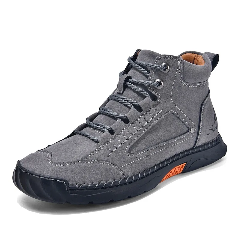 Plus-size men's clothingPULeather boots Men's Fashionable Hand-Stitched Ankle Boots, Flat Sole, Lace-Up Casual Shoes, High-Top