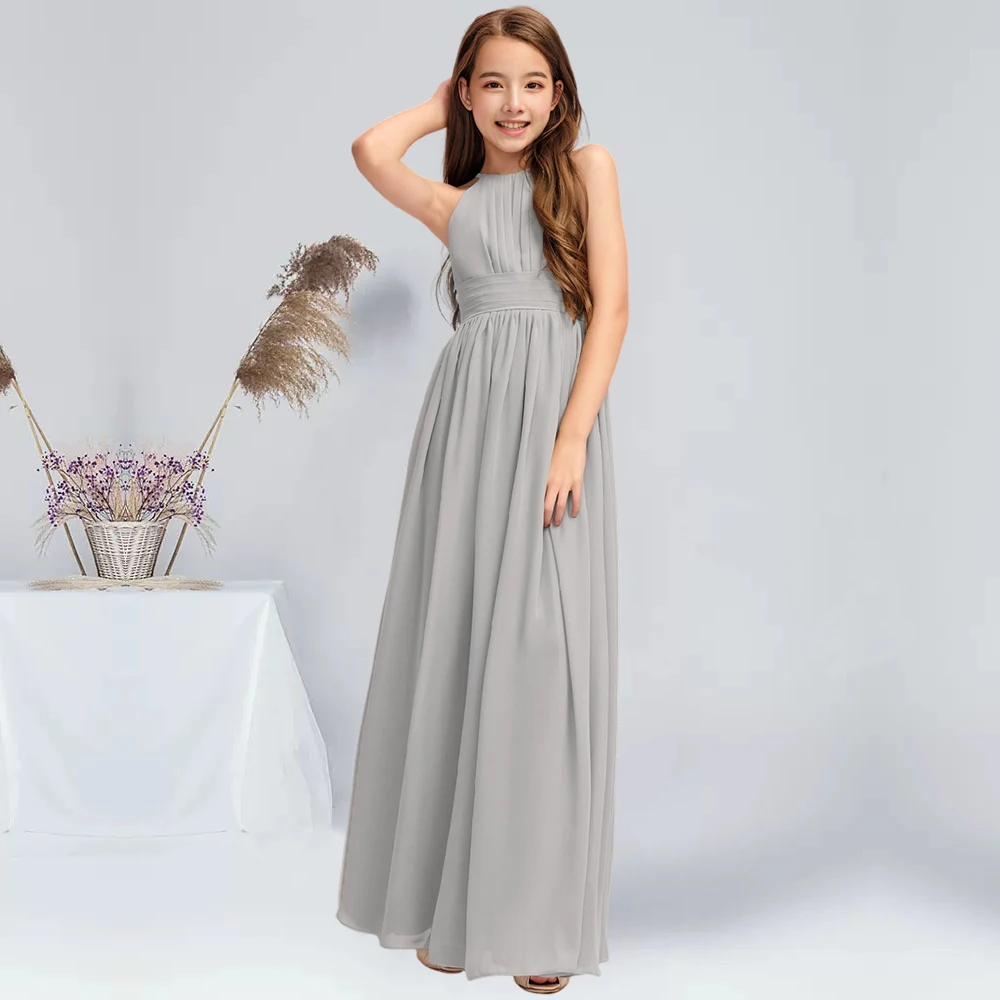 A-line Halter Floor-Length Chiffon Junior Bridesmaid Dresses With Pleated Silver Flower Girl Dress Wedding Junior Party Dress