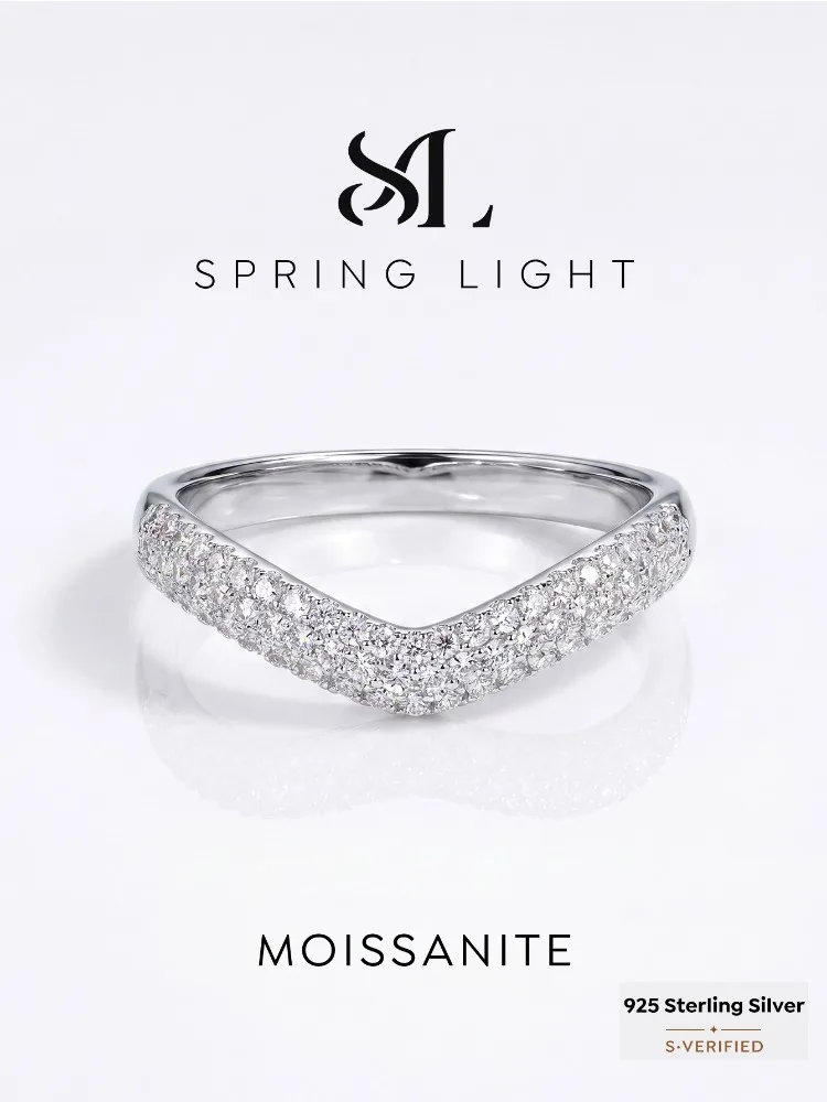 Fashion Real Round Moissanite Diamond V-Shap Rings for Women Anniversary Wedding 925 Sterling Silver Fine Jewelry