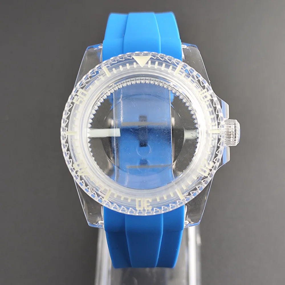 Зеленый светящийся корпус SUB NH35, прозрачные акриловые часы 40 мм, модифицированный резиновый ремешок 20 мм, подходит для механизмов NH35/NH36/4R