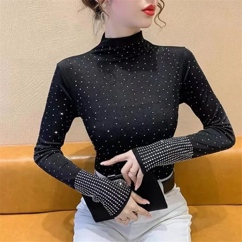 Half Height Collar Bright Diamond T-shirt Ladie Jumpper Top long sleeved Bottoming Top For Women Slim Hot Drill Blusa Female Tee