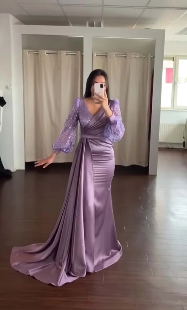 Sumnus Purple Satin Mermaid Evening Dresses Long Sleeve Side Slit Saudi Arabic Evening Prom Dress Long Dubai Formal Gowns