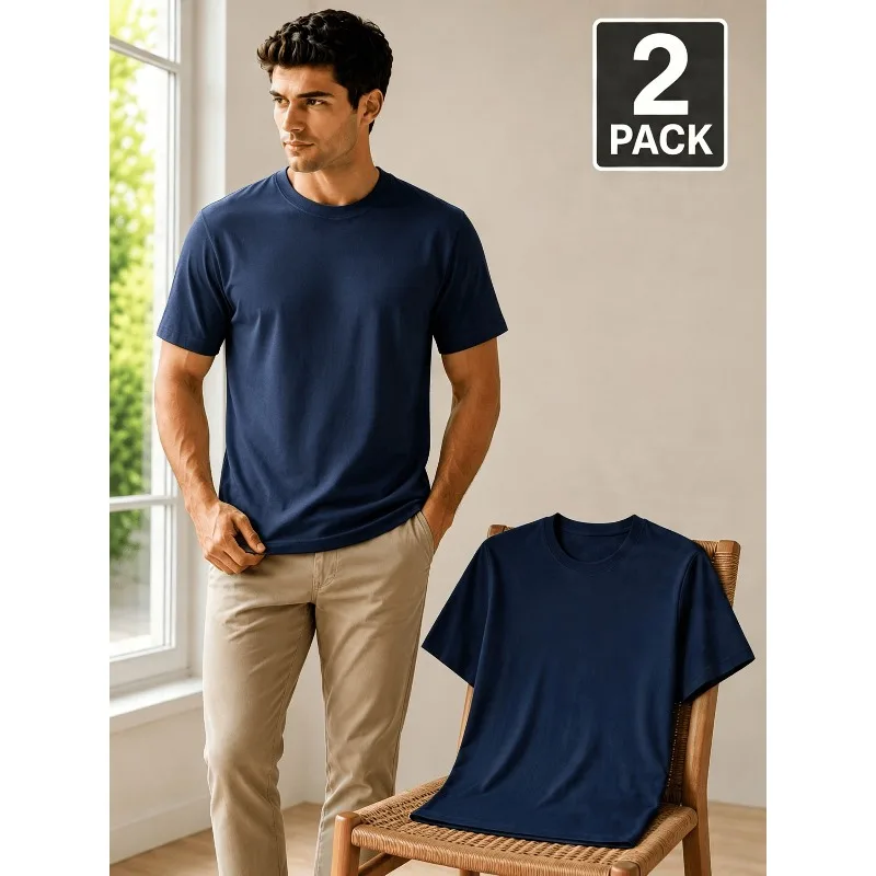 Men's 2-piece Round Neck Short Sleeved T-shirt, Solid Color Without Pattern Base, Standard Version