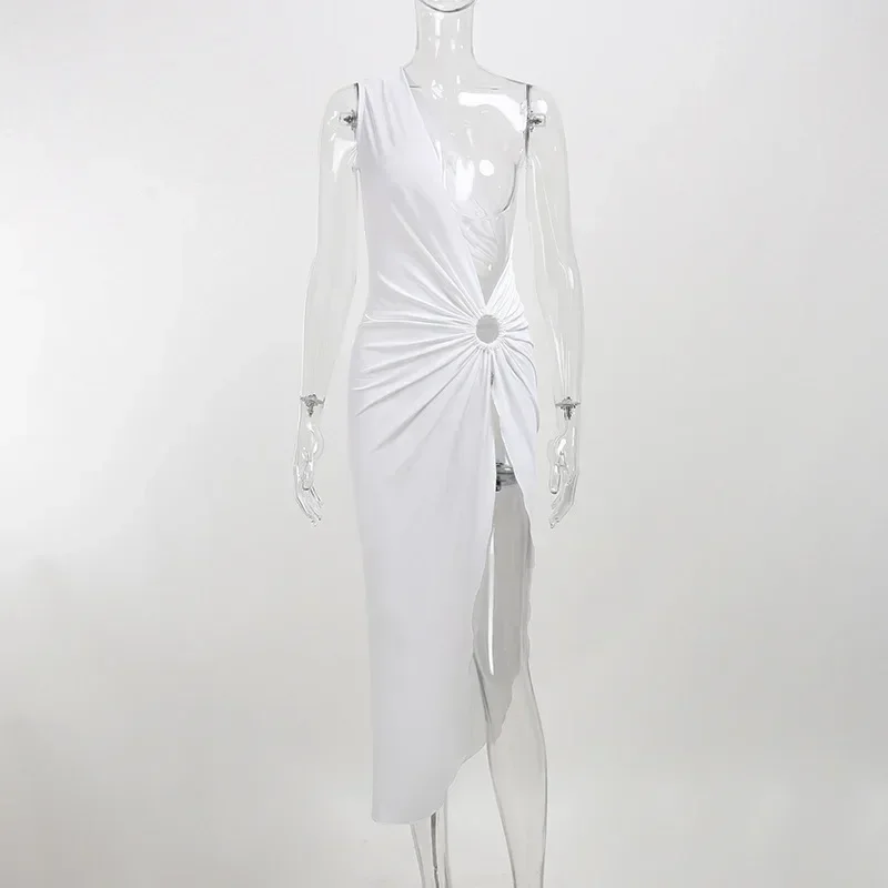 2024 One-shoulder Asymmetric Black White Beach Dress Midi Beach Cover up Woman Swimwear Bikini Tunic Beachwear Outfit