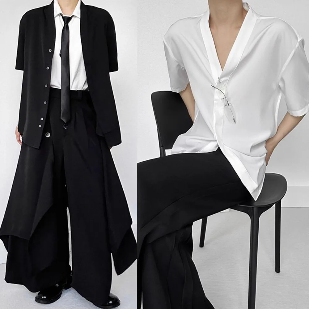 

2025 летняя новая мужская однотонная рубашка с v-образным вырезом и коротким рукавом в стиле ретро, модные тенденции, повседневные простые свободные дышащие повседневные мужские топы