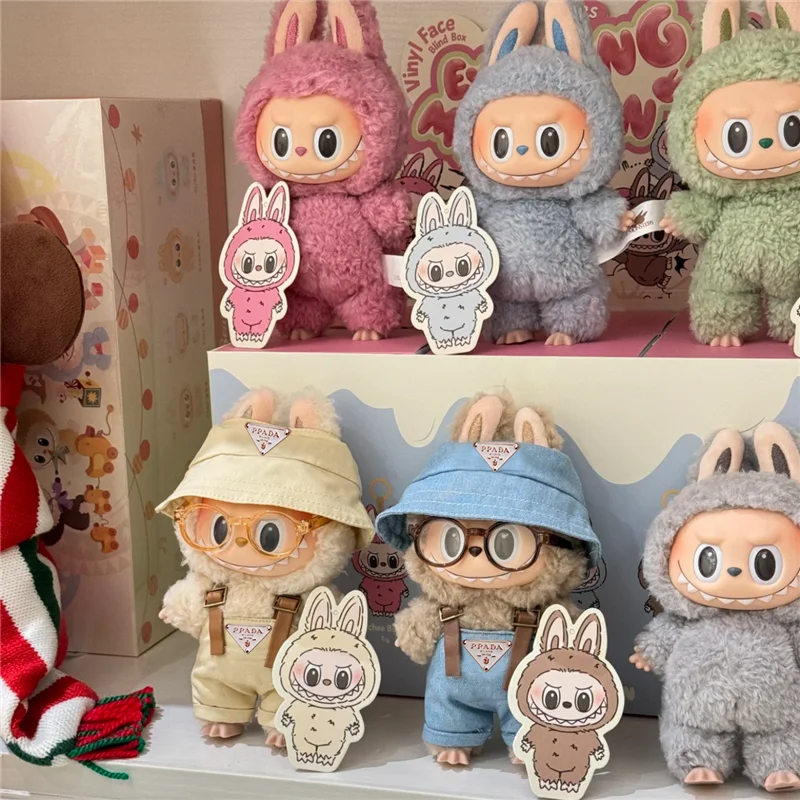 15 17 سنتيمتر ل Labubu ملابس دمية صغيرة صياد قبعة وزرة نظارات الرجعية مجموعة الملابس الجلوس حفلة I II دمية اكسسوارات