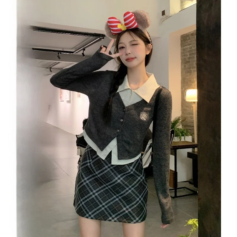 

plus Size Knitted Long Sleeve Shirt Women's Early Autumn Design Sense Slimming Top Inner Wear Fake Two-Piece College Style