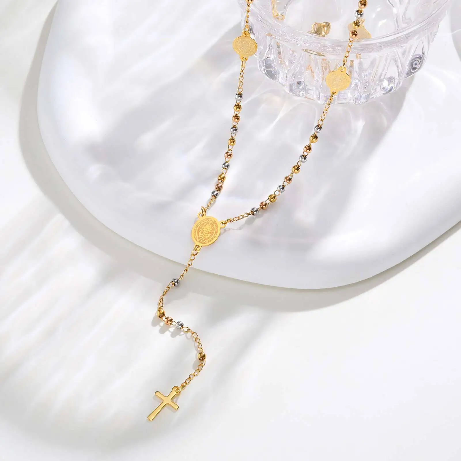Stainless Steel St. Benedict's Rosary Necklace, Christian Cross Crucifix Pendant, Religious Necklace for Women, Catholic Jewelry