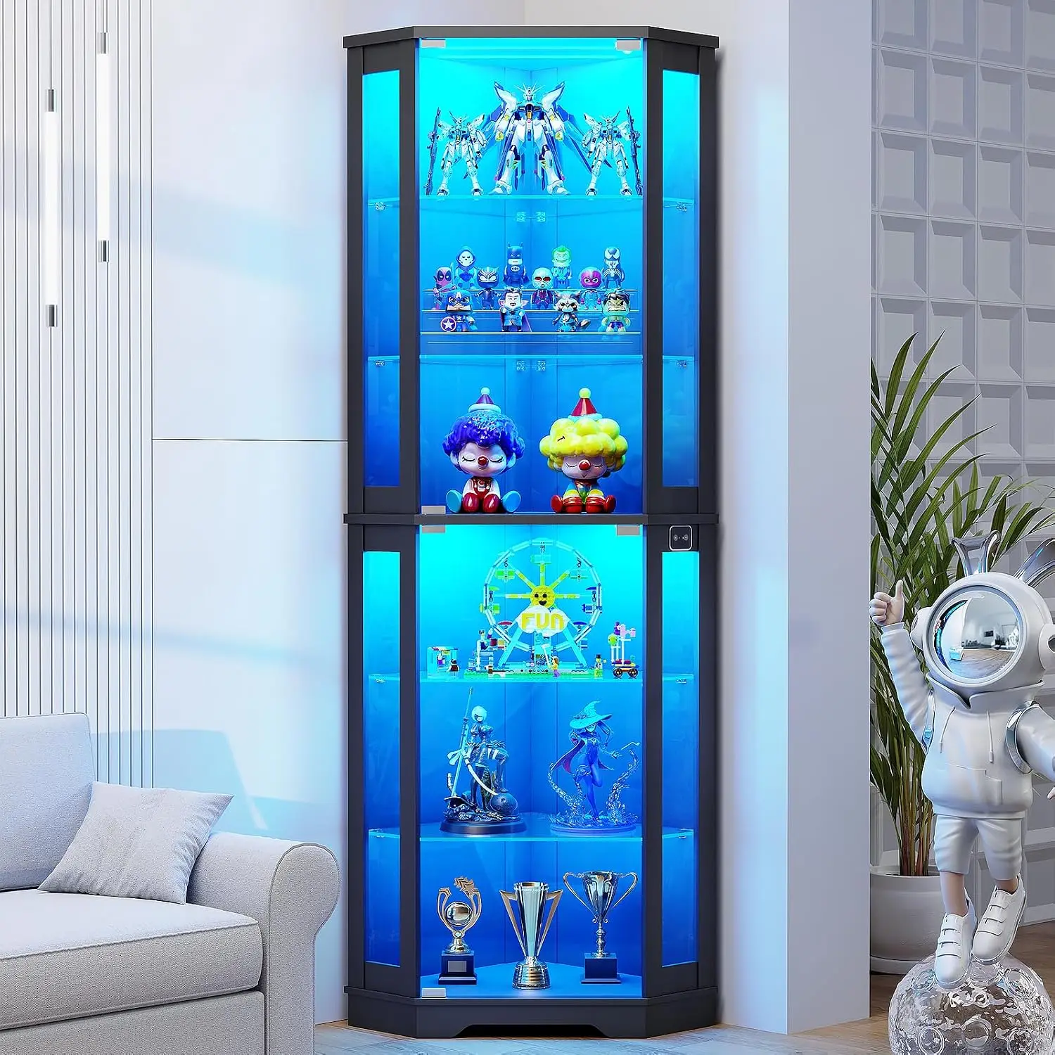 71" Corner Display Cabinet with Glass Doors, 6-Tier Curio Cabinet with 3 LED Lights & Glass Shelves, Human Body Sensor, Showcase for Collectibles, Black