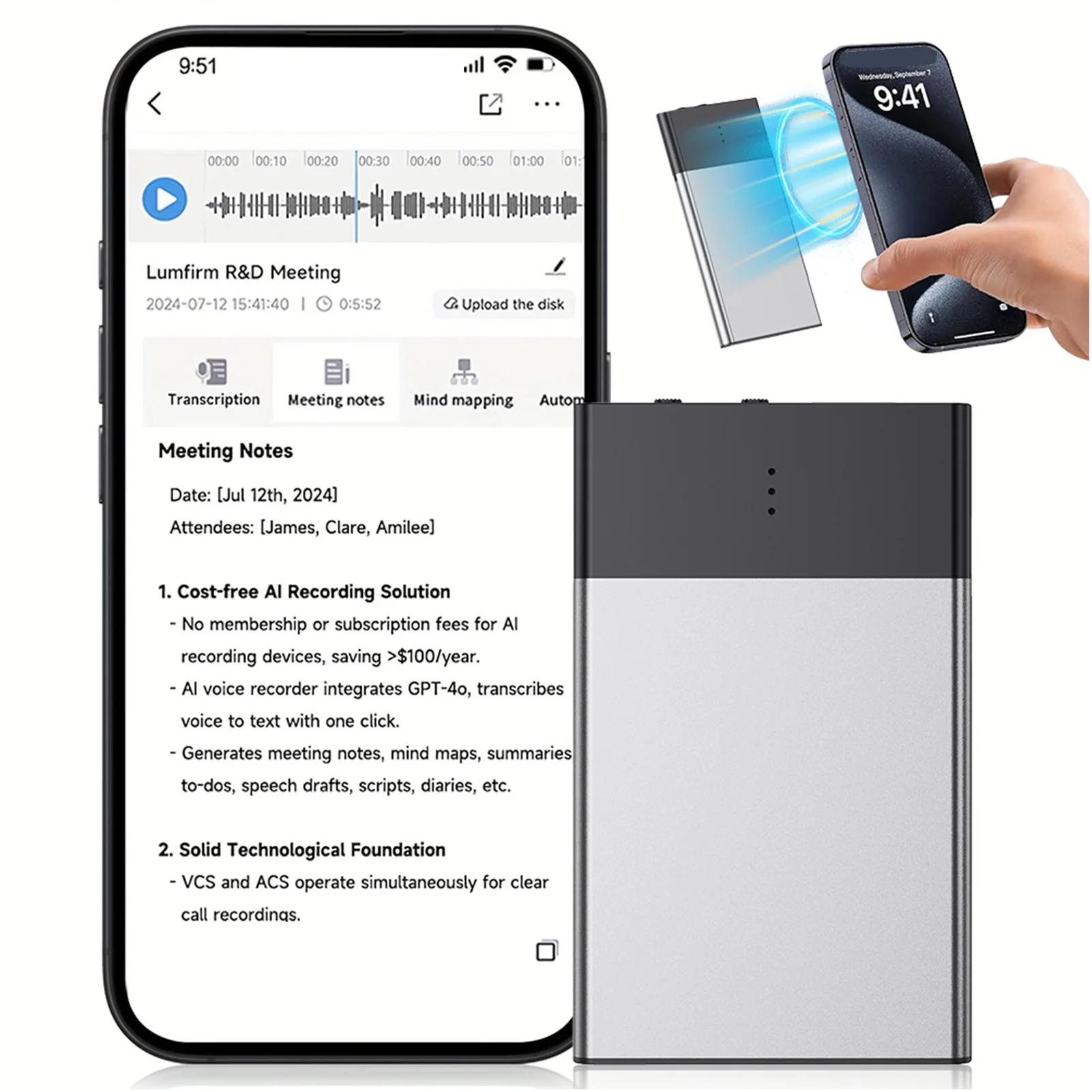 مسجل صوت AI APP التحكم 100+ لغة نقل Summarize لاجتماعات المحاضرات مسجل صوت رقمي