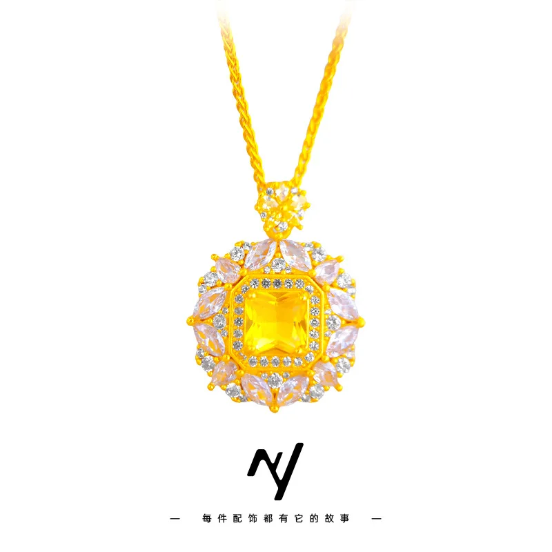 

Luxury retro 24K real gold sparkling sugar cube pendant temperament au9999 pure gold diamond necklace simple diamond jewelry