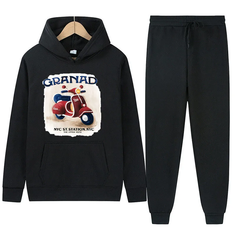 

2025 New Fashion Thickened Hoodie Sweatpants Set for Men and Women with Retro Skateboard Printed Streetwear Two-piece Suit
