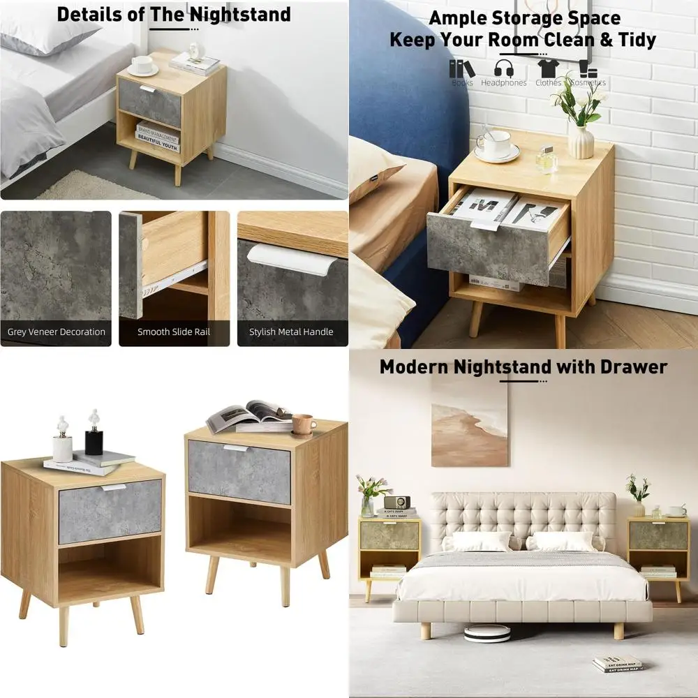

Pair of Modern Nightstands: Natural Wood Bedside Tables with Grey Drawers and Open Storage, Minimalist Design for Bedrooms and L