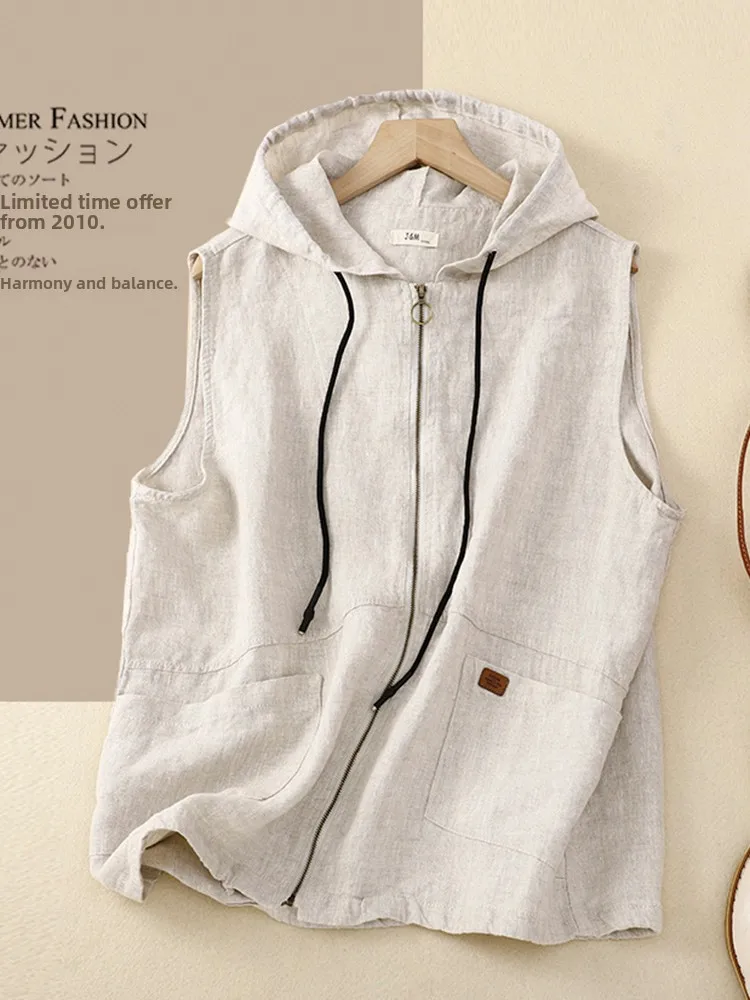 

Жилет с капюшоном в стиле ретро, женский модный большой брендовый жилет на молнии, однотонный тонкий хлопковый льняной топ на молнии, верхняя одежда