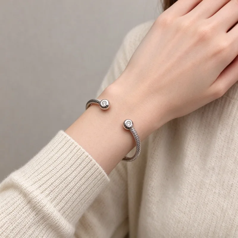 Twisted Cable Flexible Circle Open Cuff Bracelet,Silver Tone Gold Tone Alloy, 3mm White RedGreen Blue Zircon Bead Ends, Bohemian VintageStackable Style, Jewelry for Women Men GirlsTeens, Daily Wear Office Party, AnniversaryBirthday Christmas Gift