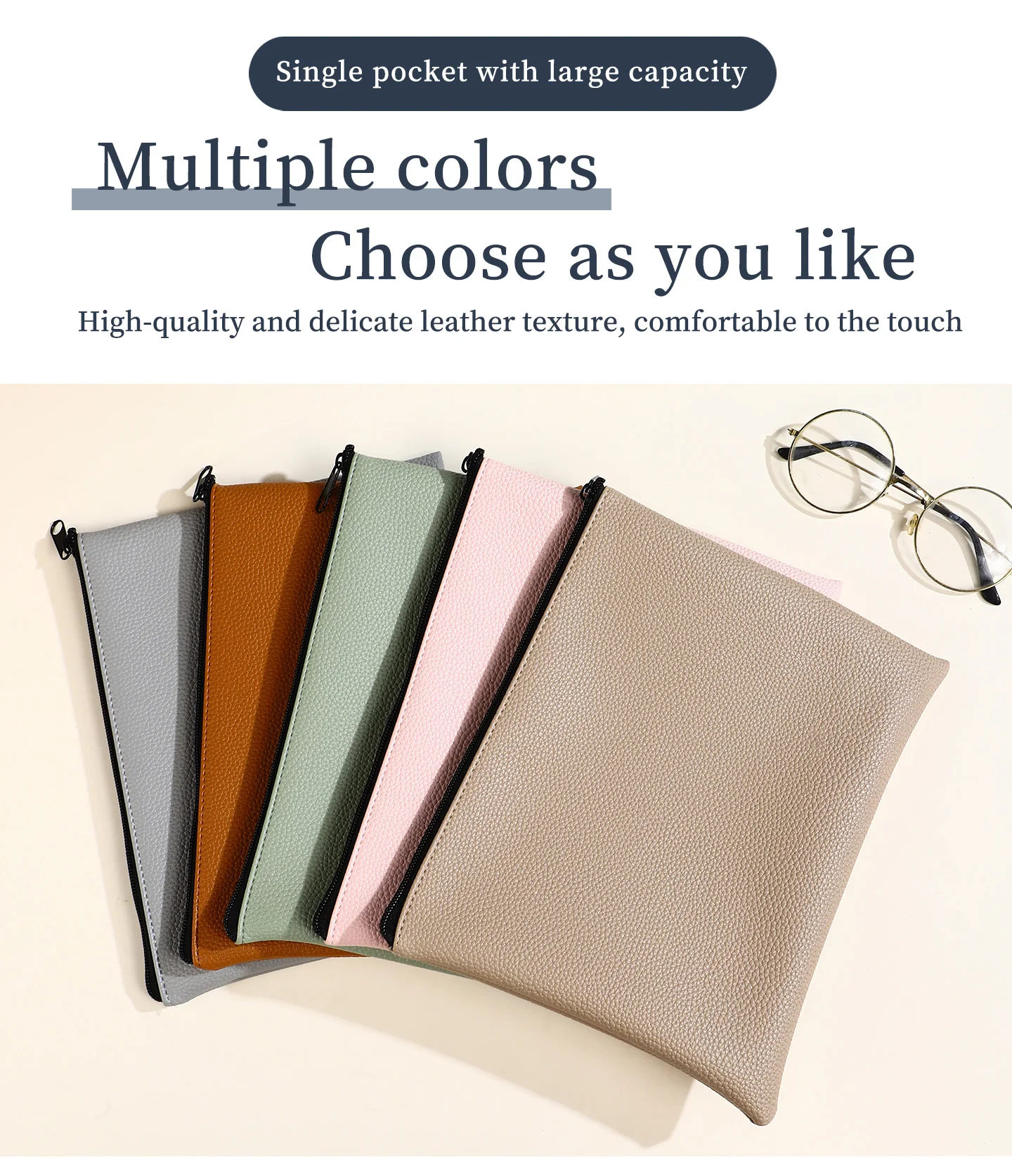 حقيبة ملفات جلدية بسيطة بسحاب، مقاس 25 سم × 20.5 سم، منظم لحقيبة مكياج كبيرة داخلية، تنظيم مستحضرات التجميل، حقيبة يد نسائية/سفر