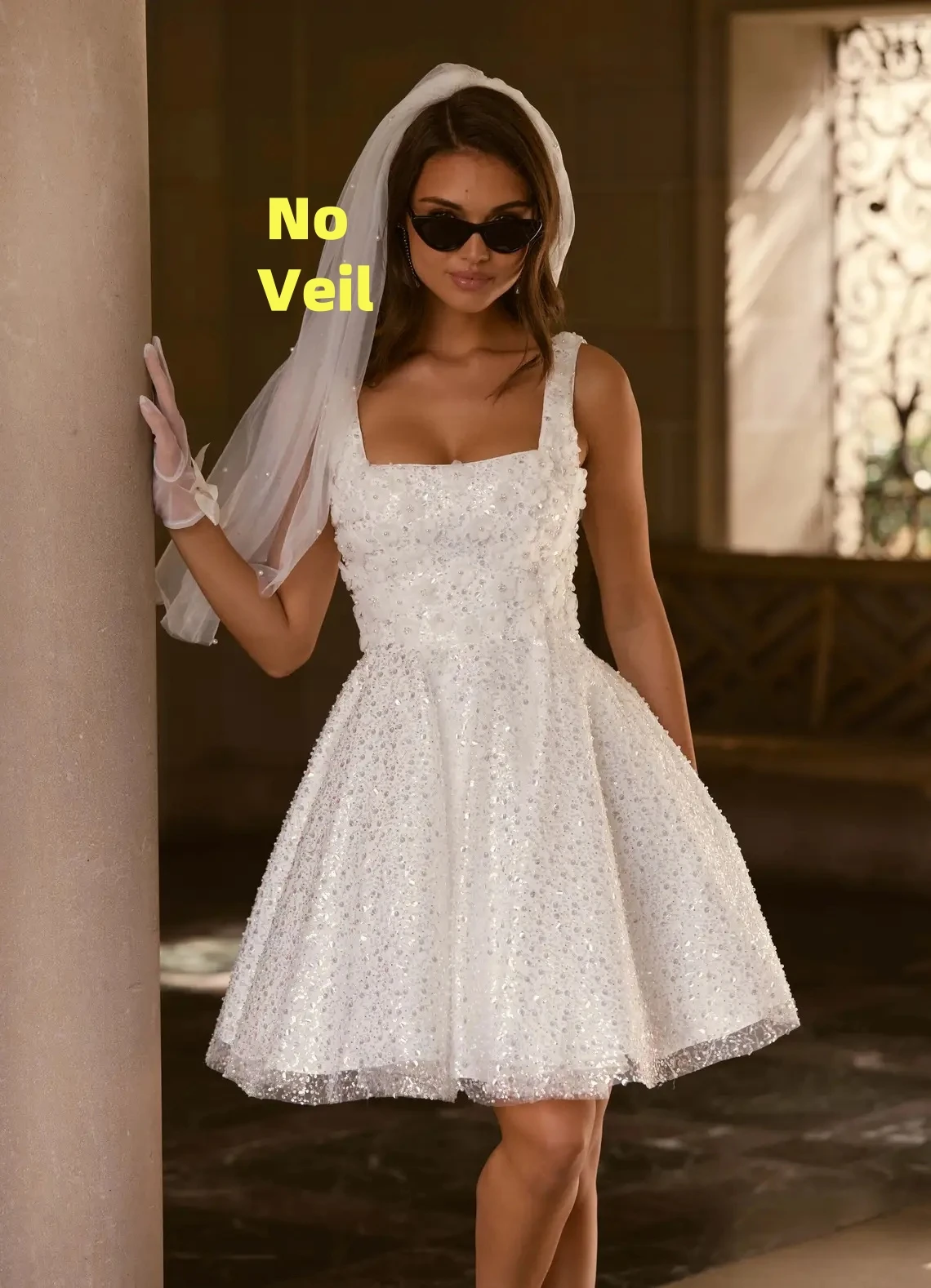 

Sequin Beaded Wedding Dresses for Teens Sparkly Short Prom Dress Spaghetti Straps A-line HOCO Dress for Juniors