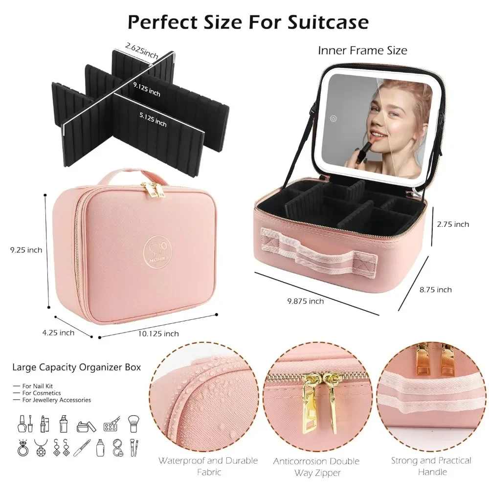 Travel Makeup Case With Large Lighted Mirror Partitionable Cosmetic Bag Professional Cosmetic Organizer,Waterproof Portable,Pink