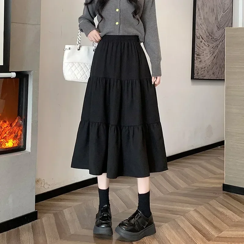 

New 2025 French Long Skirts Women Elastic High Waist Winter Solid Splicing A-line Office Lady Skirt Female