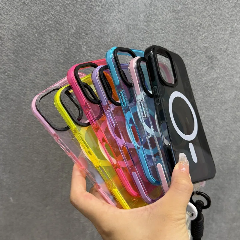 Transparent Neon Color MagSafe Lanyard Phone Case for 15 16 17 Pro Max 13 14 12 11 Air Wireless Charging Soft Wrist Strap Cover