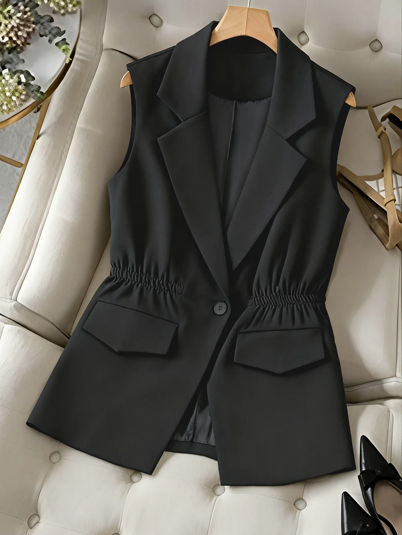 

Женский элегантный пиджак без рукавов, офисный жилет с зубчатыми лацканами и одной пуговицей, жилет с эластичной завязкой на талии