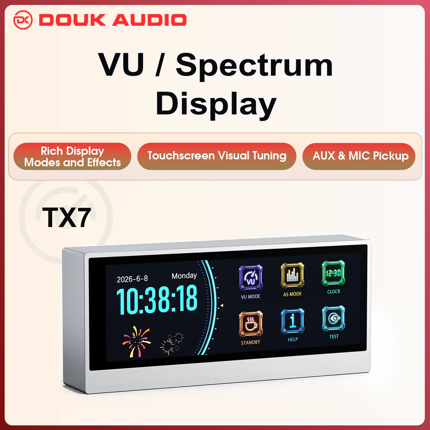 Douk Audio Lab TX7 VU Meter Audio Spectrum Visualizer Digital Desk Clock AUX MIC Pickup Desktop Decor for Audiophile Home Studio