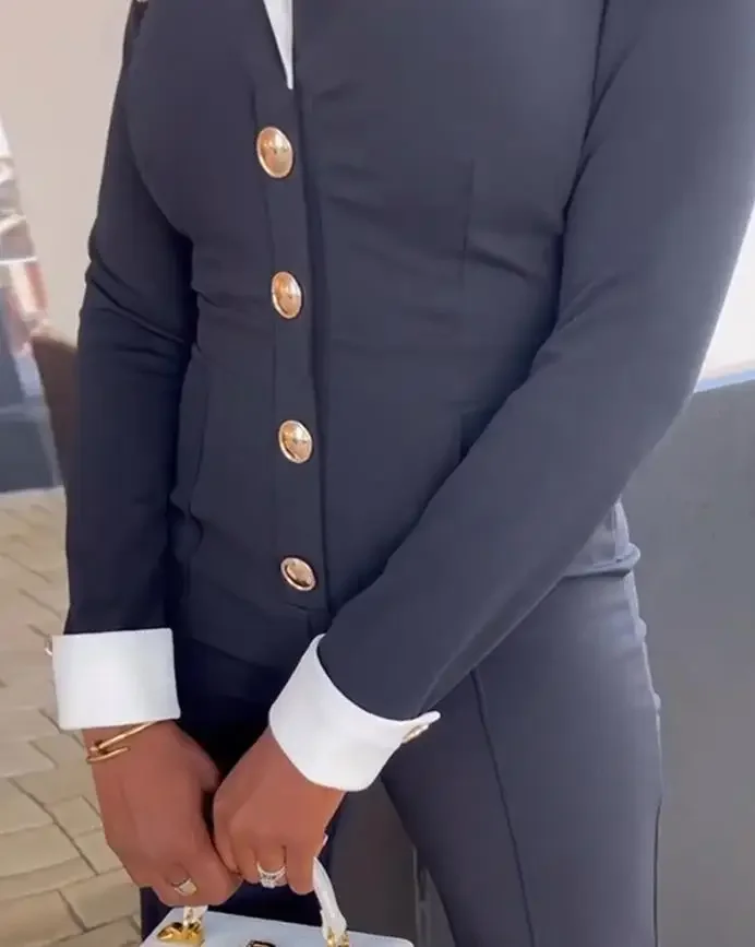 

Women Jumpsuits New Elegant Colorblock Long Sleeve Jumpsuit with Turn-Down Collar Casual Metal Button Details Wide Leg Romper
