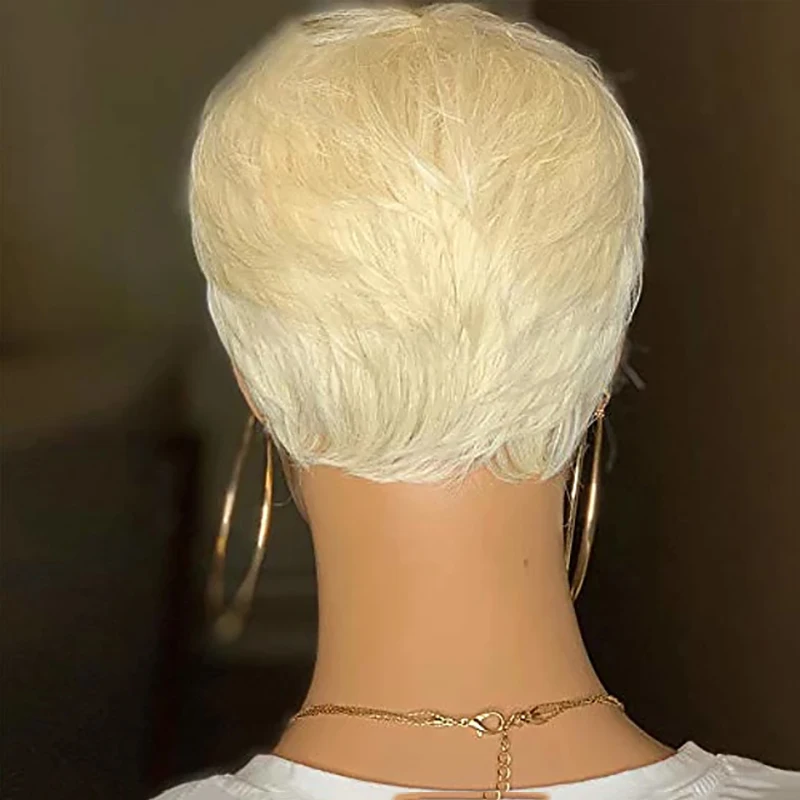 Honey Blonde Glod 613# Cheap Synthetic Short Hair Pixie Cut Straight With Bangs Style Machine Made No Glue Wigs For Women