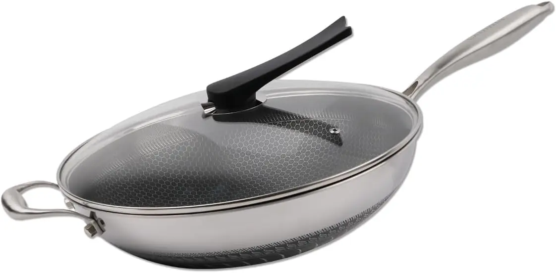 Non Stick Wok Pan Stainless Steel Stir-fry Wok with Lid,Skillet with Stay-cool Handle PFOA Free Suitable for Induc