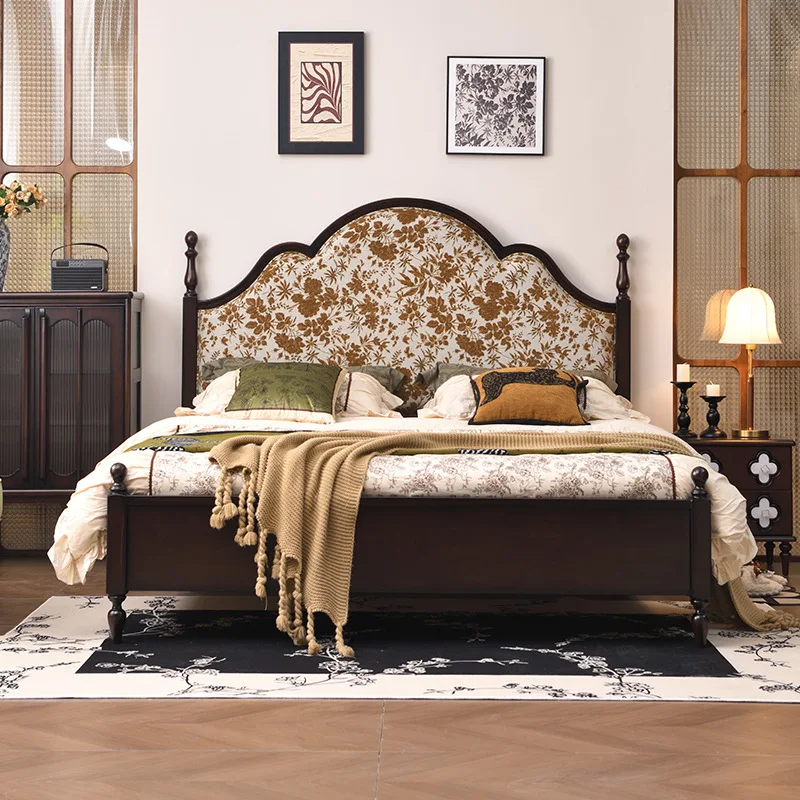 LH retro solid wood bed master bedroom antique flower cloth soft bag home bed modern