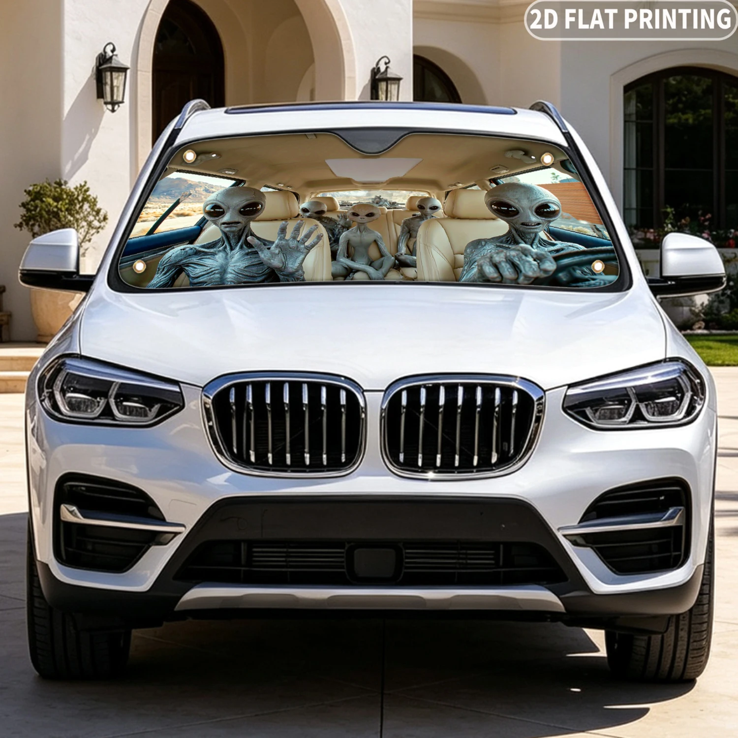 1pc Universal Car Windshield Sunshade, With Aliens Sitting In Car Interior 2D FLAT Printing Design, Sunshade With 4 Suction Cups