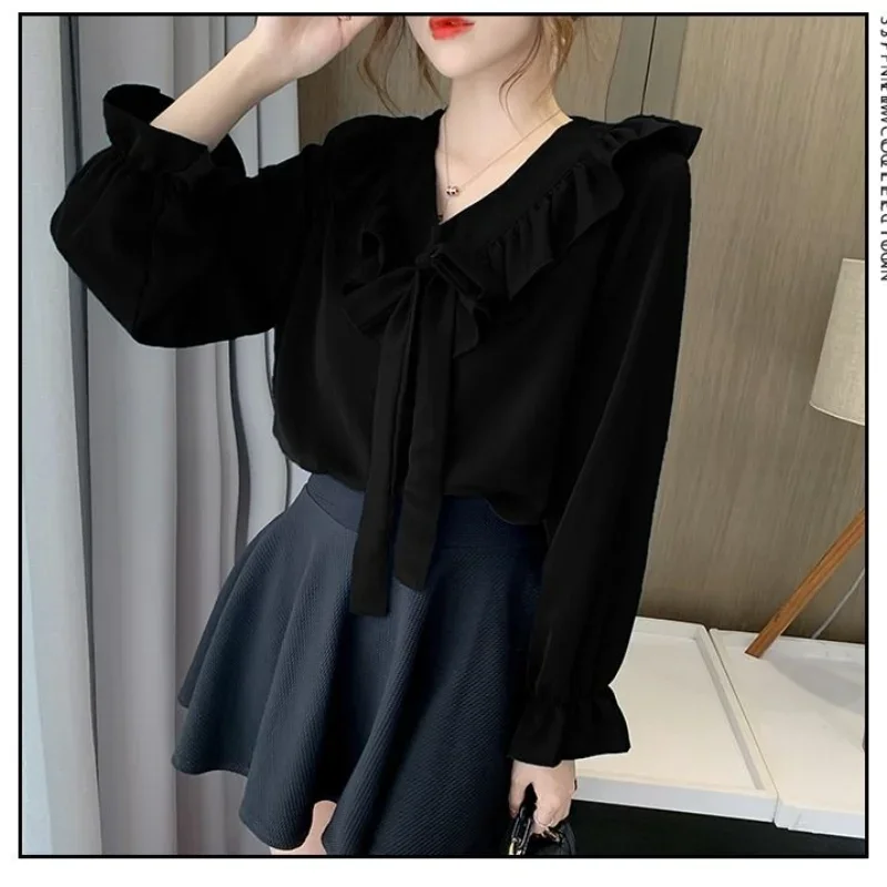 Süße Chiffon Plissee Shirt Tops Frühling Herbst neue Langarm V-Ausschnitt Schleife einfarbige Bluse 90er Jahre Mode lässig Frauen kleidung